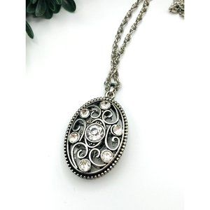 Vintage necklace silver tone oval pendant filigree design clear rhinestones 34"